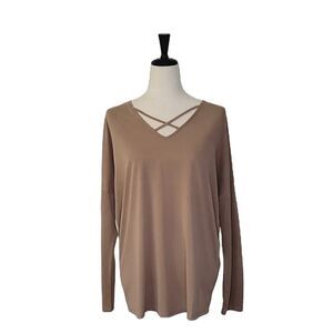 Active USA Heathered Tan V-neck Crisscross Drop Sleeve Stretchy Top Size L
